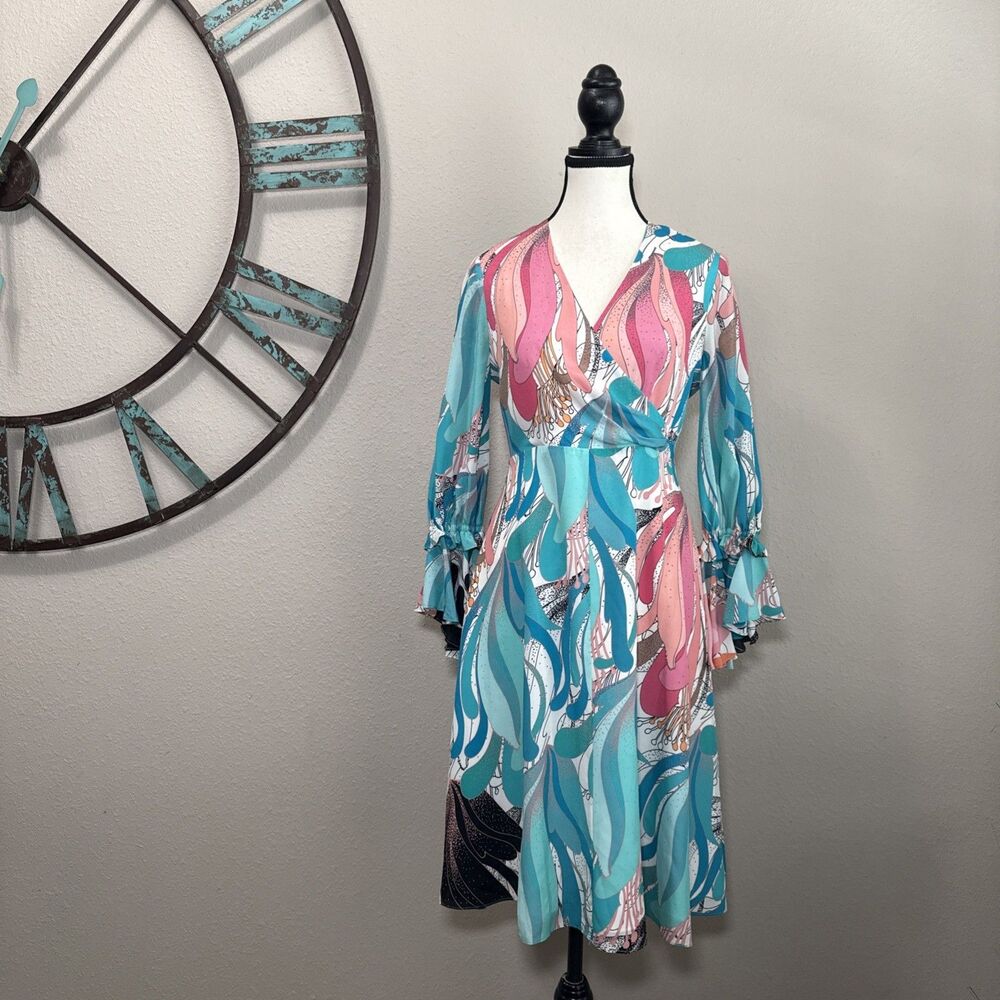 Kobi Halperin Dress XS NWT $498 Silk Abstract Print Ruffle Sleeve Boho Midi